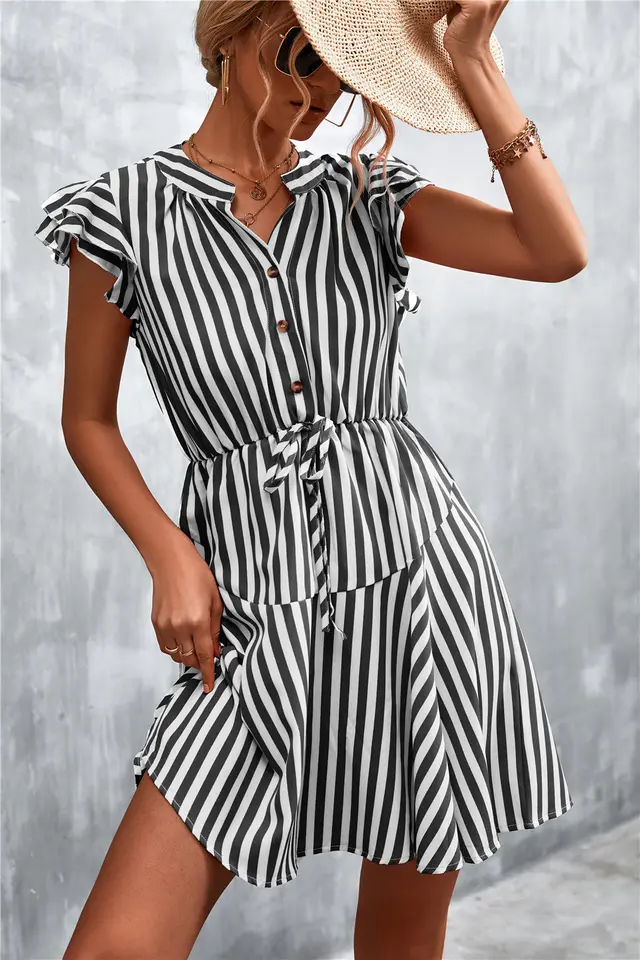Classic Striped V neck Buttons Lace up Dress Black - Shop at LoveMi
