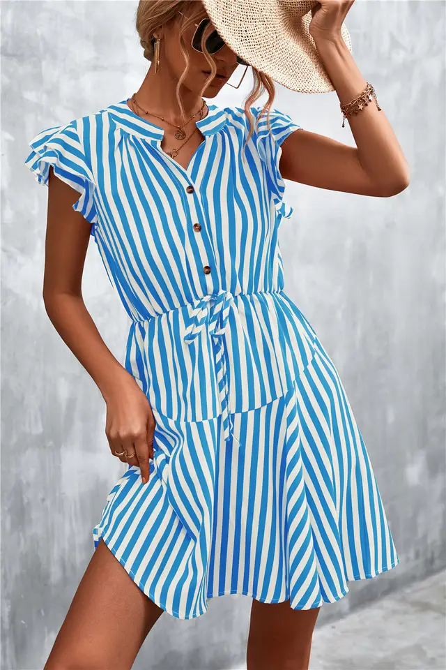 Classic Striped V neck Buttons Lace up Dress Blue - Shop at LoveMi