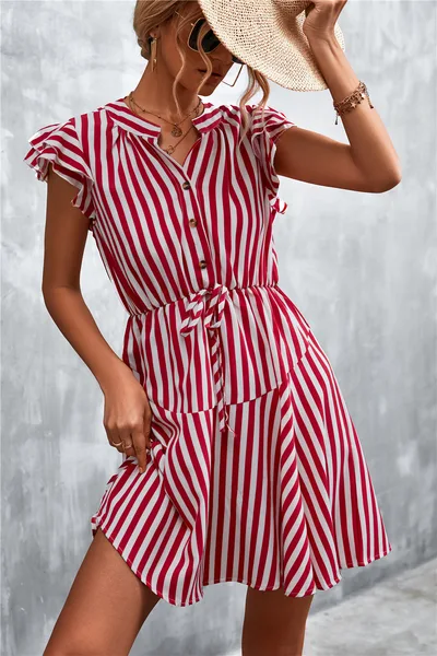 Classic Striped V neck Buttons Lace up Dress Wine Red - Shop at LoveMi