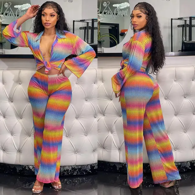 Women's Printed Pleated Stretch Shirt Trousers Suit Orange - Shop at LoveMi