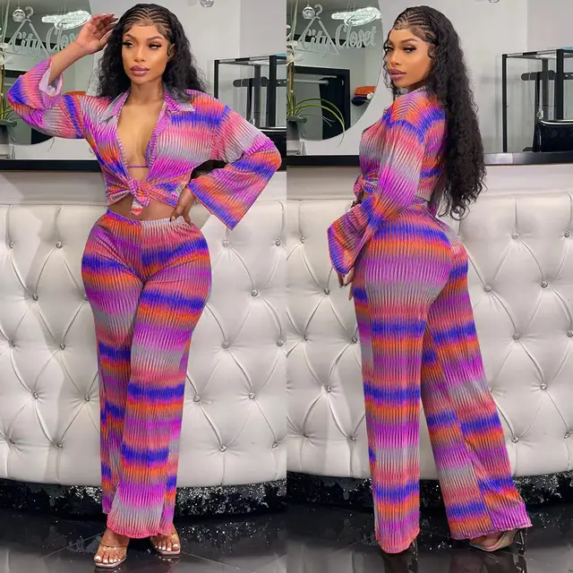 Women's Printed Pleated Stretch Shirt Trousers Suit Purple Pink - Shop at LoveMi