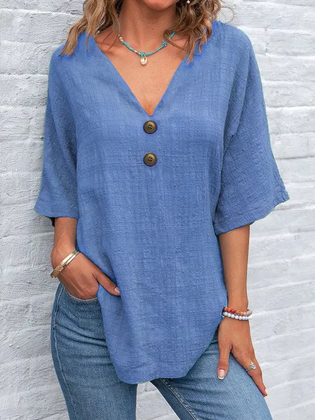 Casual V neck Short Sleeve Regular Pullover Multi color Women's Button Top Blue - Shop at LoveMi
