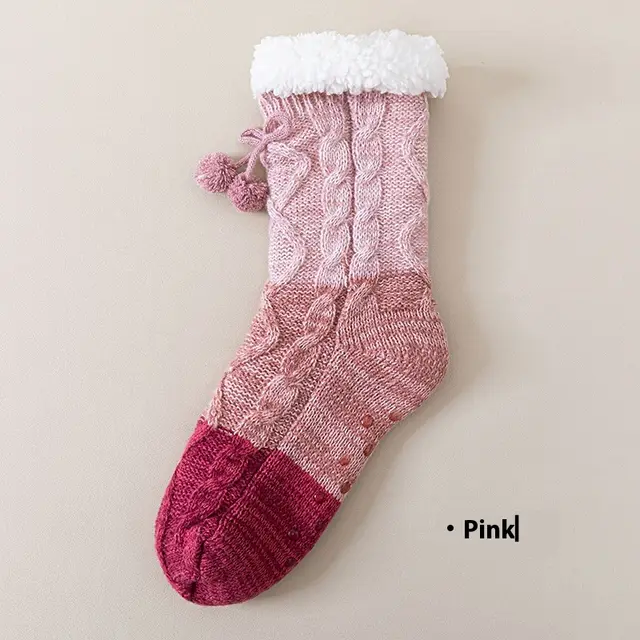 Lambswool Thickened Warm Mid calf Length Socks Non slip Floor Socks Pink - Shop at LoveMi