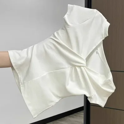 Female Solid Color One Shoulder Off Shoulder V neck Short Sleeved Shirt White - Shop at LoveMi