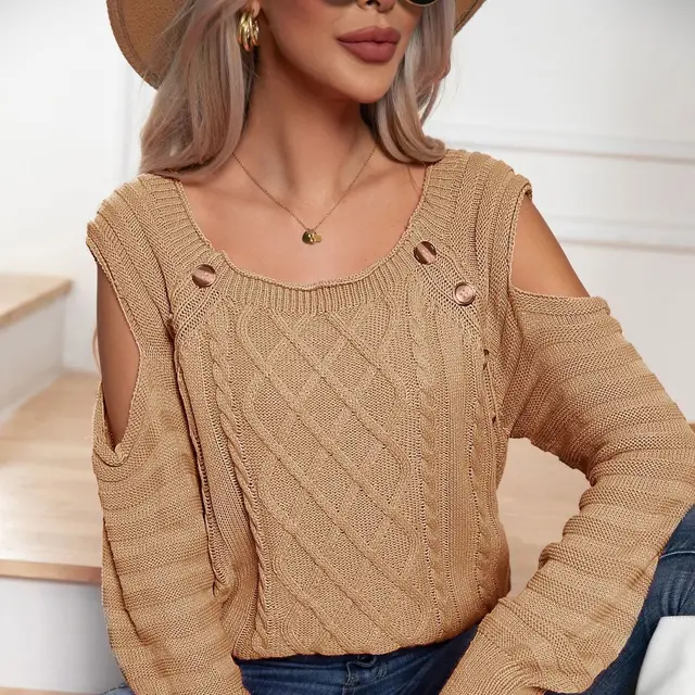 Button Square Collar Off the shoulder Long Sleeve Twisted Cable knit Sweater Women Khaki - Shop at LoveMi