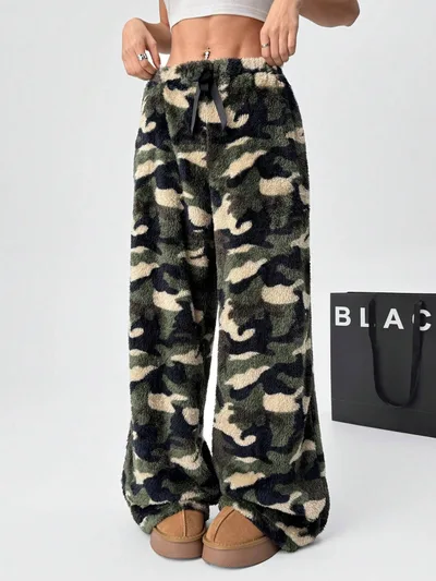 New Casual Leopard Print Lace up Wide leg Pants Camouflage - Shop at LoveMi