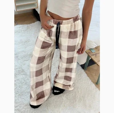 New Casual Leopard Print Lace up Wide leg Pants Khaki Plaid - Shop at LoveMi