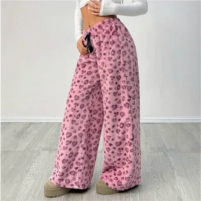 New Casual Leopard Print Lace up Wide leg Pants Pink Heart. - Shop at LoveMi