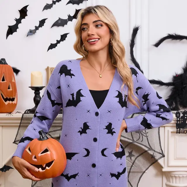 Women's Sweater Bat Jacquard Long Sleeve Cape Cardigan Coat Purple - Shop at LoveMi