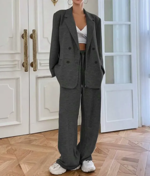 Women's Solid Color Loose Fit Lapel Cardigan Suit Casual Dark Gray - Shop at LoveMi
