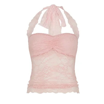Pure Desire Style Sexy Slim Top Lace Stitching Halter Lace up Vest Pink - Shop at LoveMi