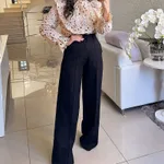 Fashion Solid Colour High Waist Loose Straight Casual Suit Pants - Black
