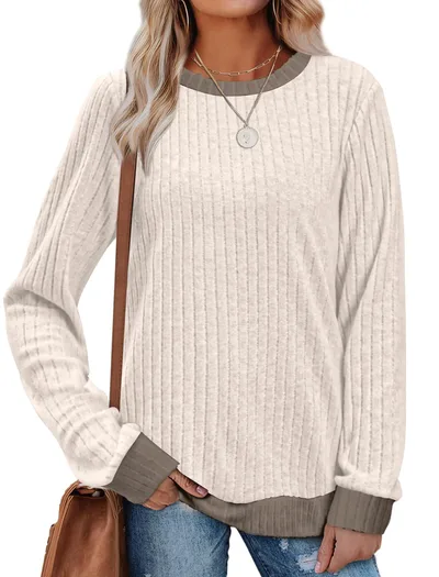 Color Matching Casual Round Neck Pullover Long Sleeve Top Apricot - Shop at LoveMi
