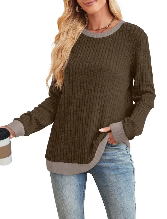 Color Matching Casual Round Neck Pullover Long Sleeve Top Maroon - Shop at LoveMi