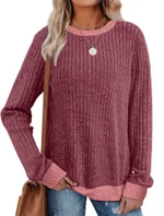 Color Matching Casual Round Neck Pullover Long Sleeve Top - Rouge Color