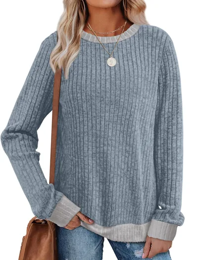 Color Matching Casual Round Neck Pullover Long Sleeve Top Sky Blue - Shop at LoveMi