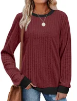 Color Matching Casual Round Neck Pullover Long Sleeve Top - Wine Red