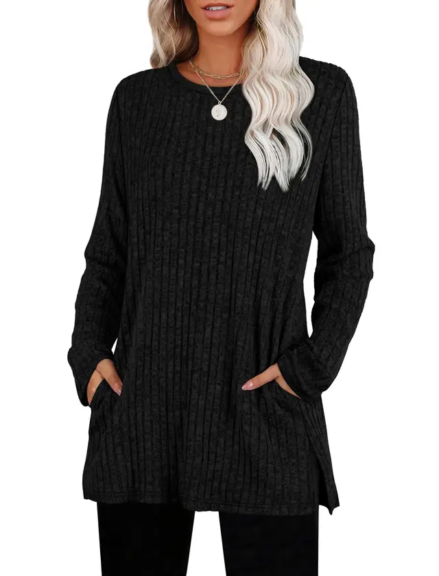 European And American Style Women Sweater Sunken Stripe Round Neck Black - Shop at LoveMi