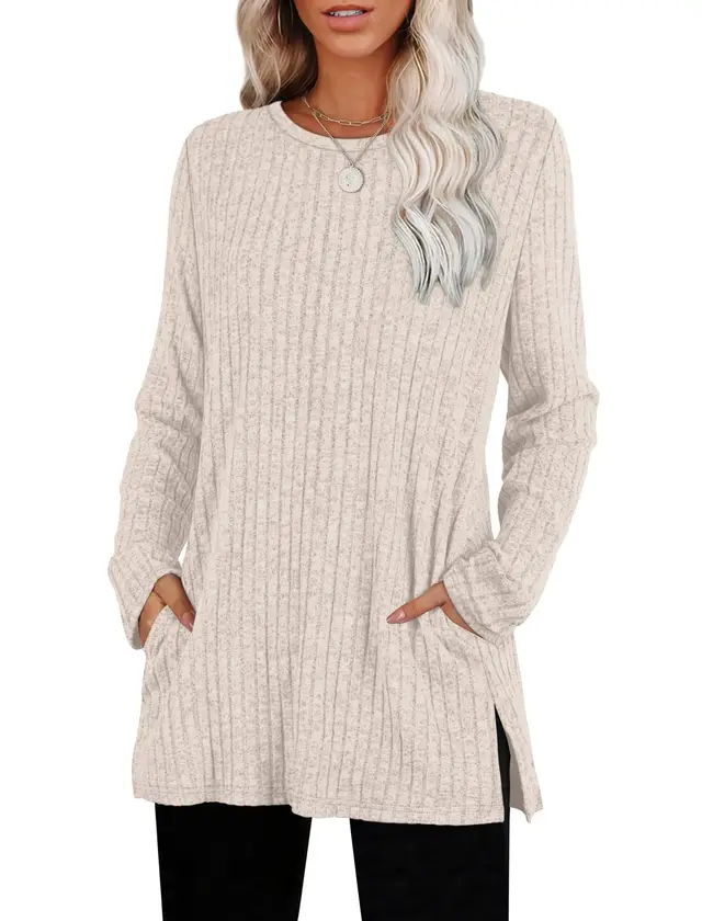 European And American Style Women Sweater Sunken Stripe Round Neck Milky White - Shop at LoveMi