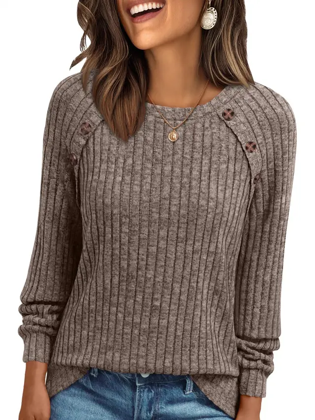 Round Neck Sunken Stripe Brushed Solid Color Top Long Sleeve Dark Gray - Shop at LoveMi