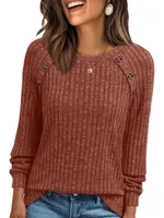 Round Neck Sunken Stripe Brushed Solid Color Top Long Sleeve - Rouge Color