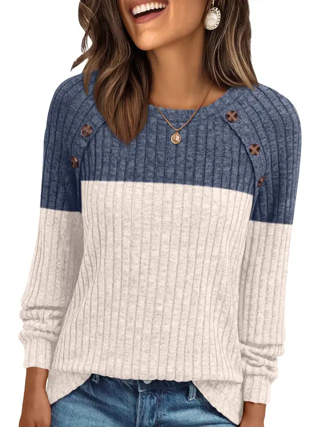 Women's Round neck Sunken Stripe Brushed Solid Color Top Long Sleeve Blue And Apricot - Shop at LoveMi