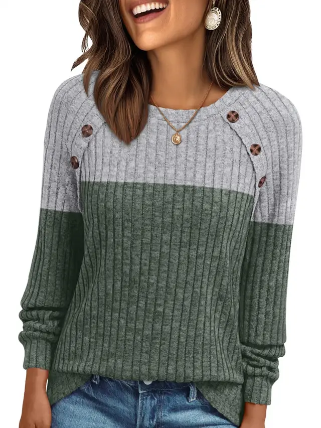 Women's Round neck Sunken Stripe Brushed Solid Color Top Long Sleeve Light Gray Hit Green - Shop at LoveMi