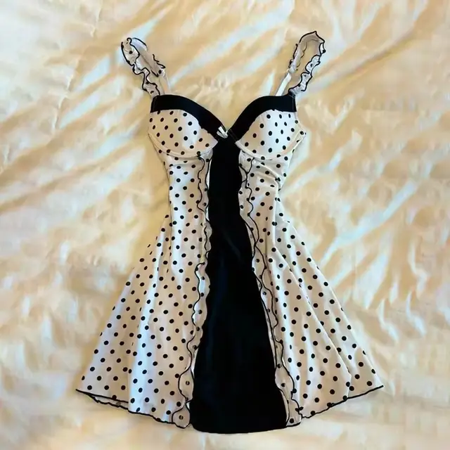 New Sexy Design V collar Polka Dot Sleeveless Dress Black And White - Shop at LoveMi