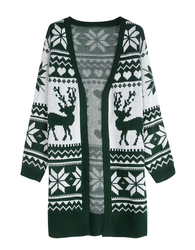 Elk Snowflake Embroidered Knitted Cardigan Coat For Women Green - Shop at LoveMi