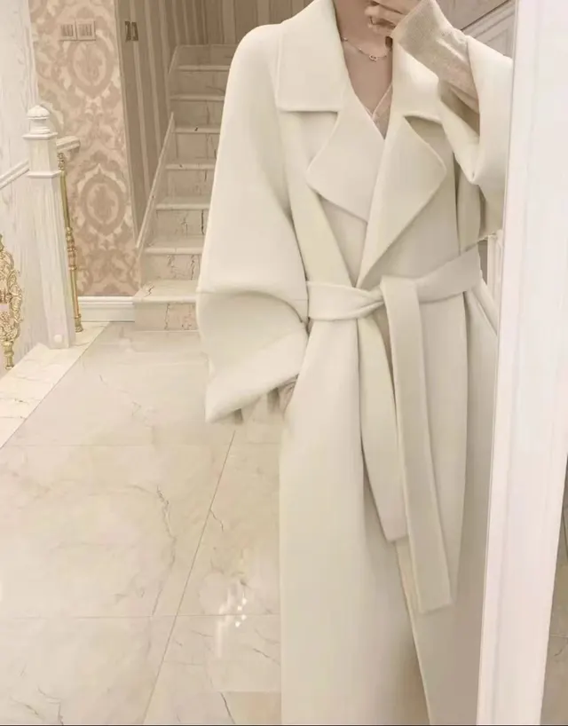 Women's Lace up Long Elegant Woolen Coat White - Shop at LoveMi