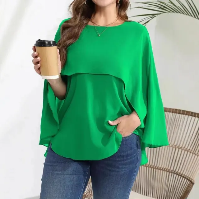 Cape Round Neck Long Sleeve Plus Size Women's Clothes Top Green - Shop at LoveMi