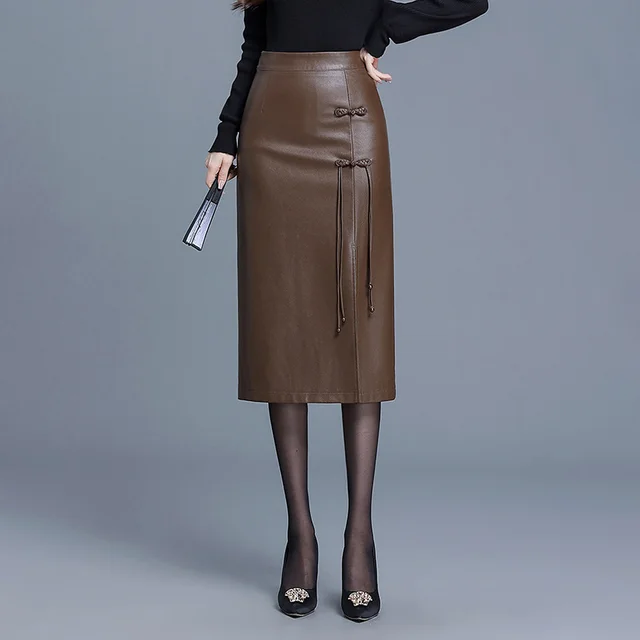 Autumn and winter PU hip hugging half body leather skirt for women Brown - Shop at LoveMi