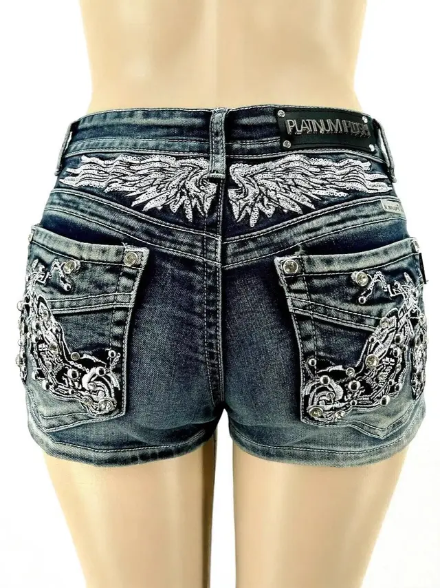 Fashion Hot Pants Embroidered Denim Shorts Blue - Shop at LoveMi