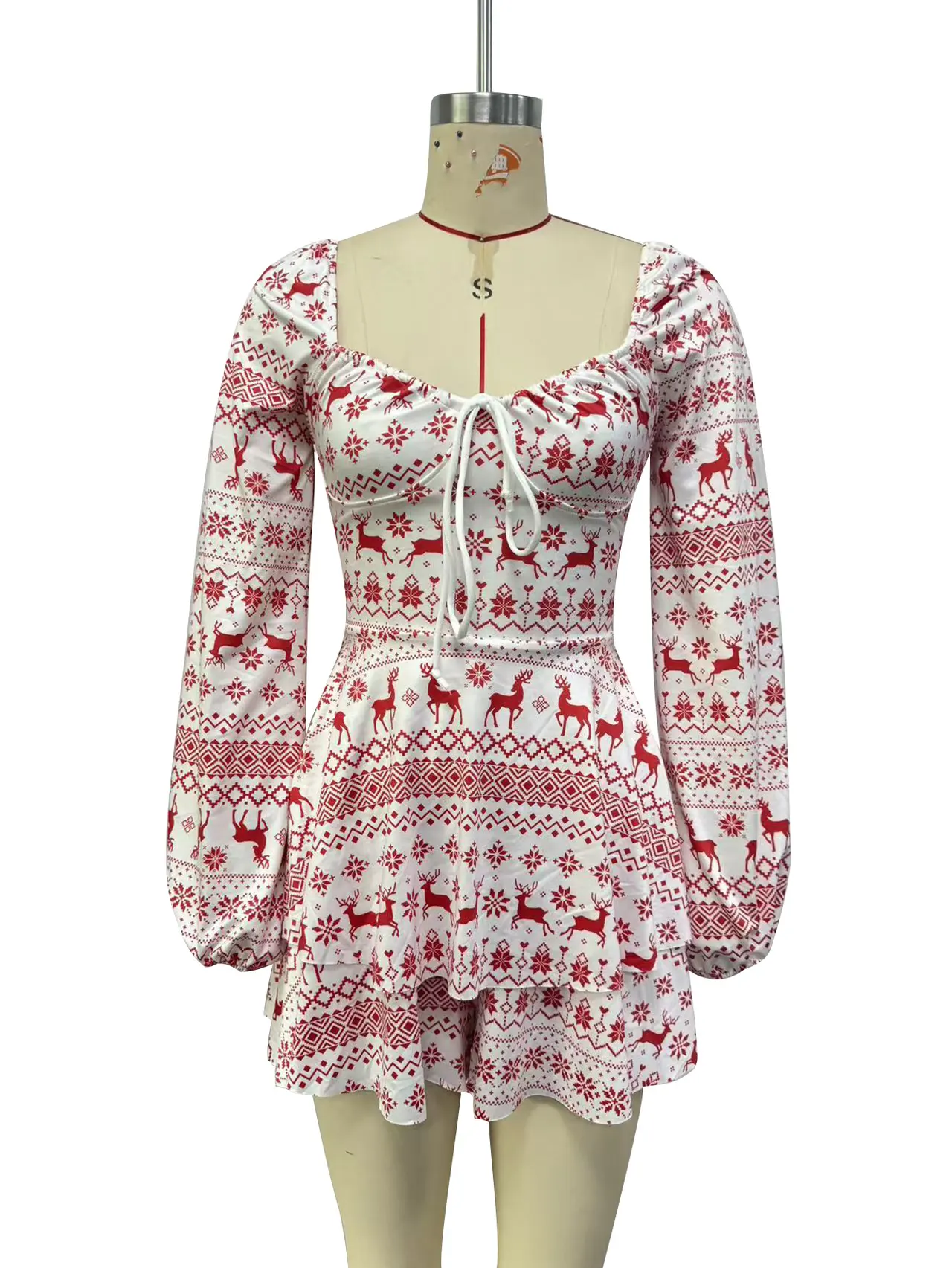 New Christmas Elk Printing Drawstring Backless Long Sleeves Dress - Color