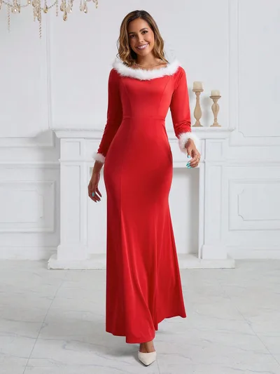 European And American Autumn And Winter New Christmas Evening Dress Plush Slim Fit Patchwork Dress Red - Shop at LoveMi