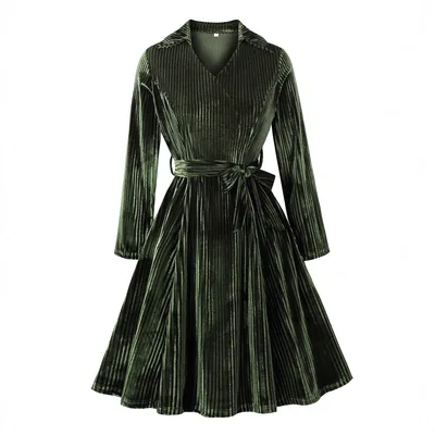 Retro Autumn And Winter Gold Velvet Temperament Long Sleeve Lace up Waist controlled Christmas Dress Army Green - Shop at LoveMi