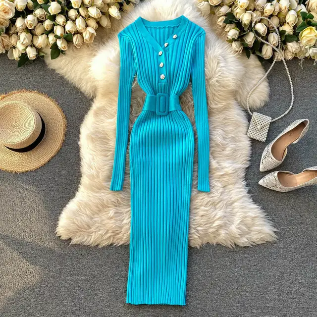 Autumn And Winter Design Sense Belt Waist Slimming Hollow Stripes Slim Fit Dress Bright Blue - Shop at LoveMi