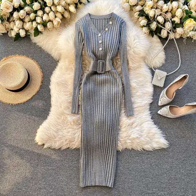 Autumn And Winter Design Sense Belt Waist Slimming Hollow Stripes Slim Fit Dress Gray - Shop at LoveMi