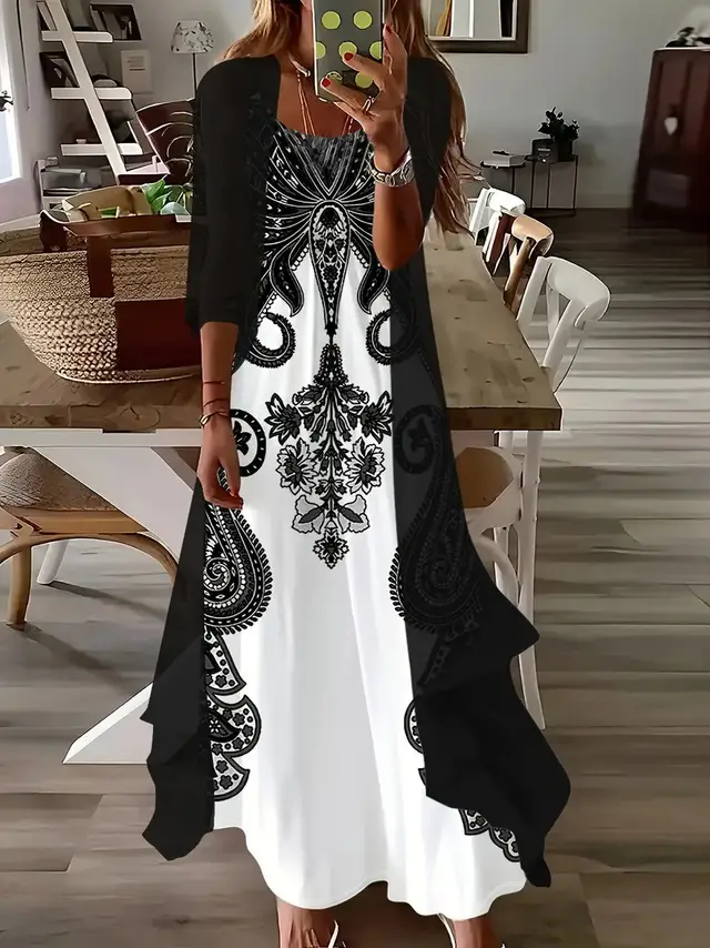 Long Sleeve Loose Floral Totem Two piece Dress 3 Models - Shop at LoveMi