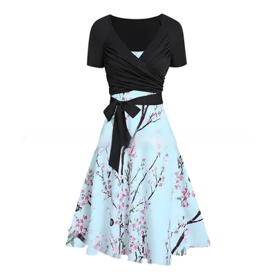 Women's Summer V neck Short sleeved Printed Dress Two piece Set Blue - Shop at LoveMi