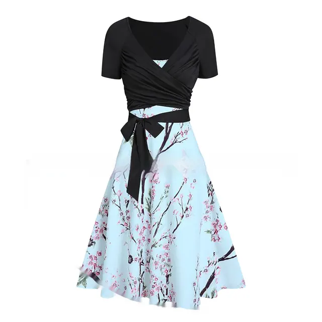 Women's Summer V neck Short sleeved Printed Dress Two piece Set Blue - Shop at LoveMi