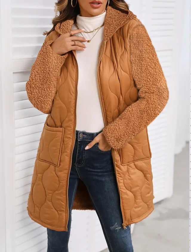 Autumn And Winter New European And American Loose Hooded Long Zipper Stitching Plush Coat Camel - Shop at LoveMi