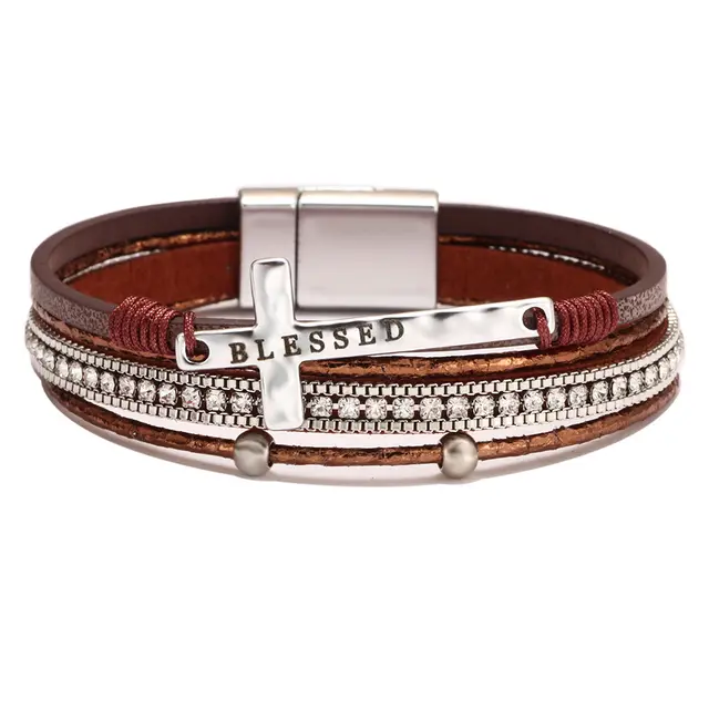 Bohemian Style Cross Micro Inlaid Diamond Magnetic Buckle Bracelet Coffee Cross - Shop at LoveMi