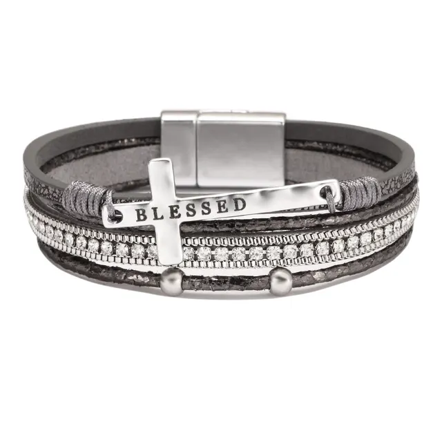 Bohemian Style Cross Micro Inlaid Diamond Magnetic Buckle Bracelet Gray Cross - Shop at LoveMi