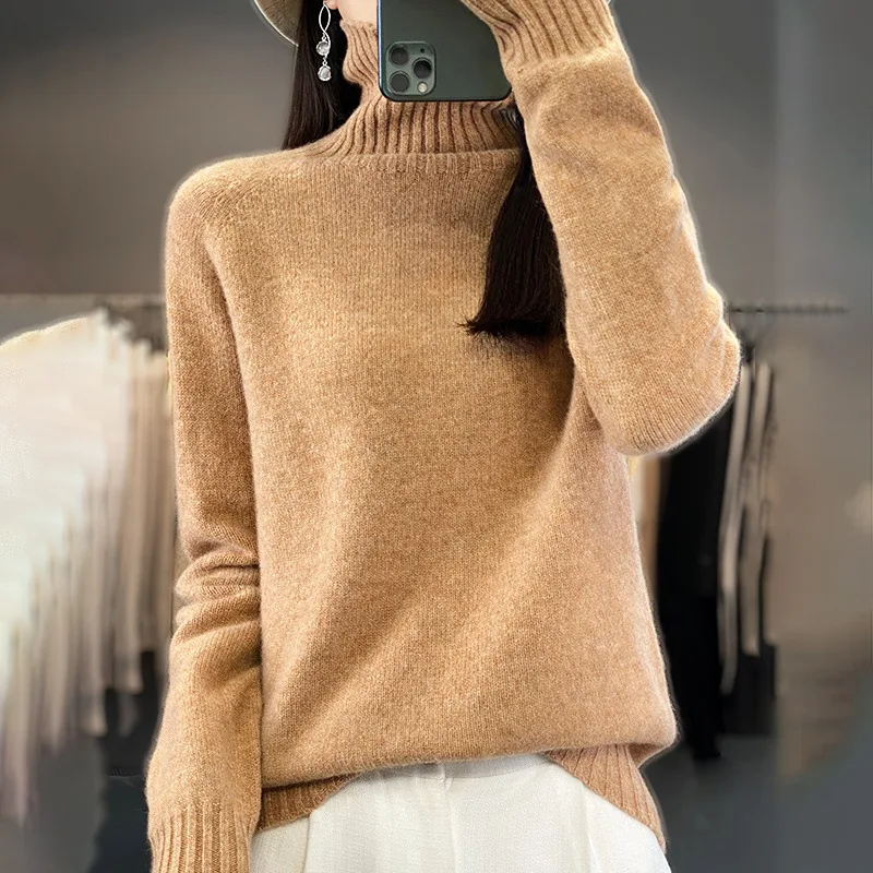 Women's Solid Color Turtleneck Knitting Pullover Long Sleeve Loose Sweater Golden Camel - Shop at LoveMi