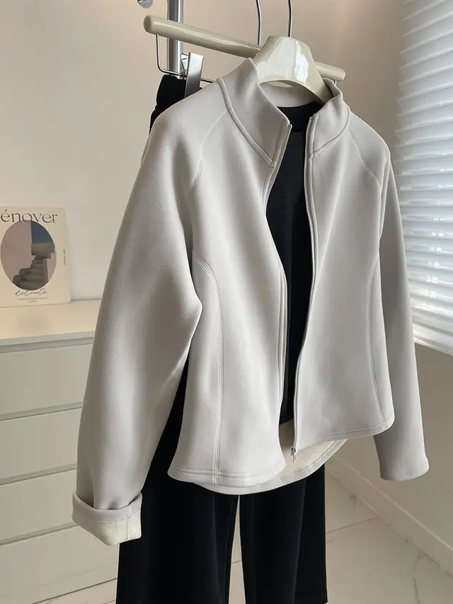 Self heating Stand Collar Glutinous Rice Velvet Coat For Women Cloud Gray - Shop at LoveMi