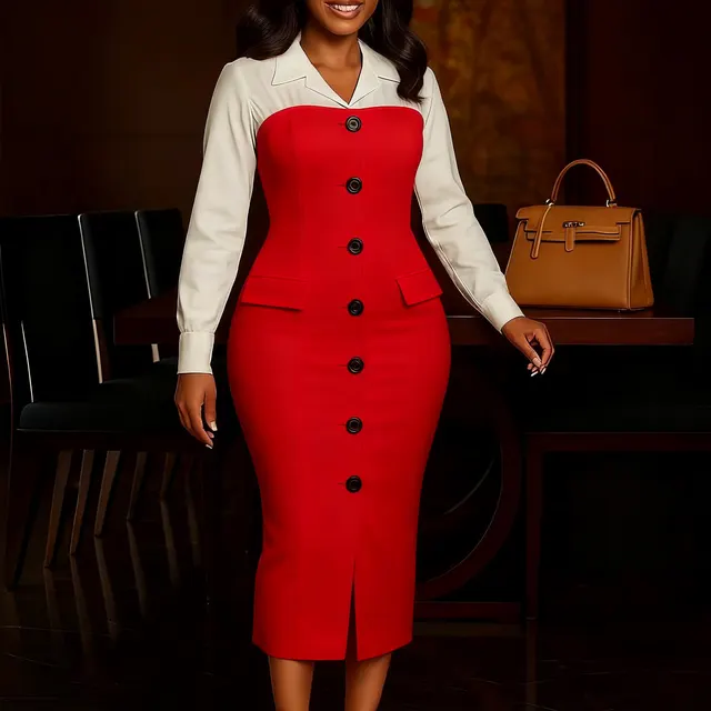 Long Sleeve Suit Collar Stitching Hip Dress Red - Shop at LoveMi