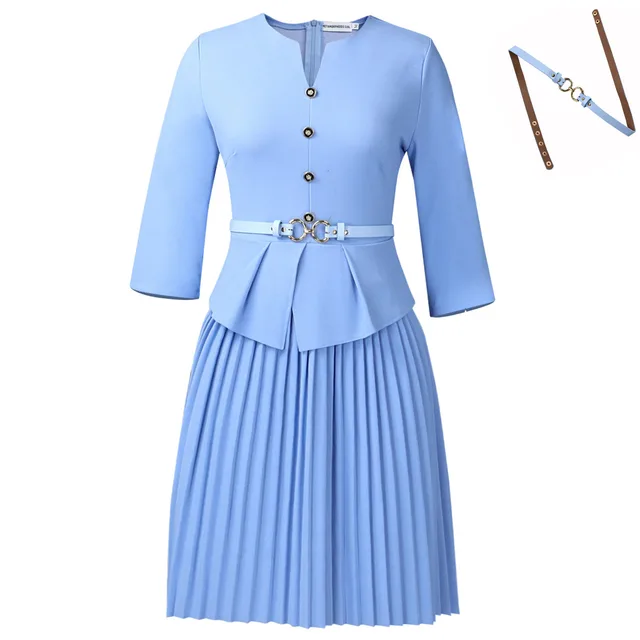 Fashionable Elegant Pleated Dress For Women Sky Blue Belt - Shop at LoveMi