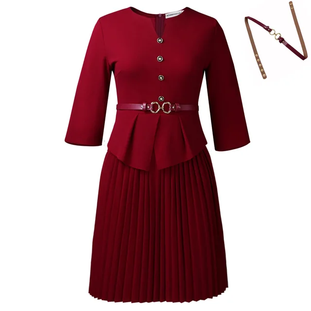 Fashionable Elegant Pleated Dress For Women Wine Red Belt - Shop at LoveMi