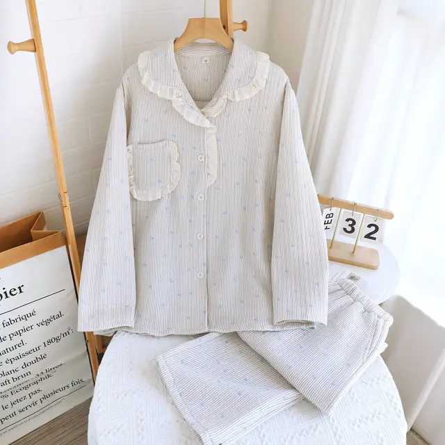 Air Layer Pastoral Floral Lace Lapel Pajamas Suit Oat Milk Latte - Shop at LoveMi